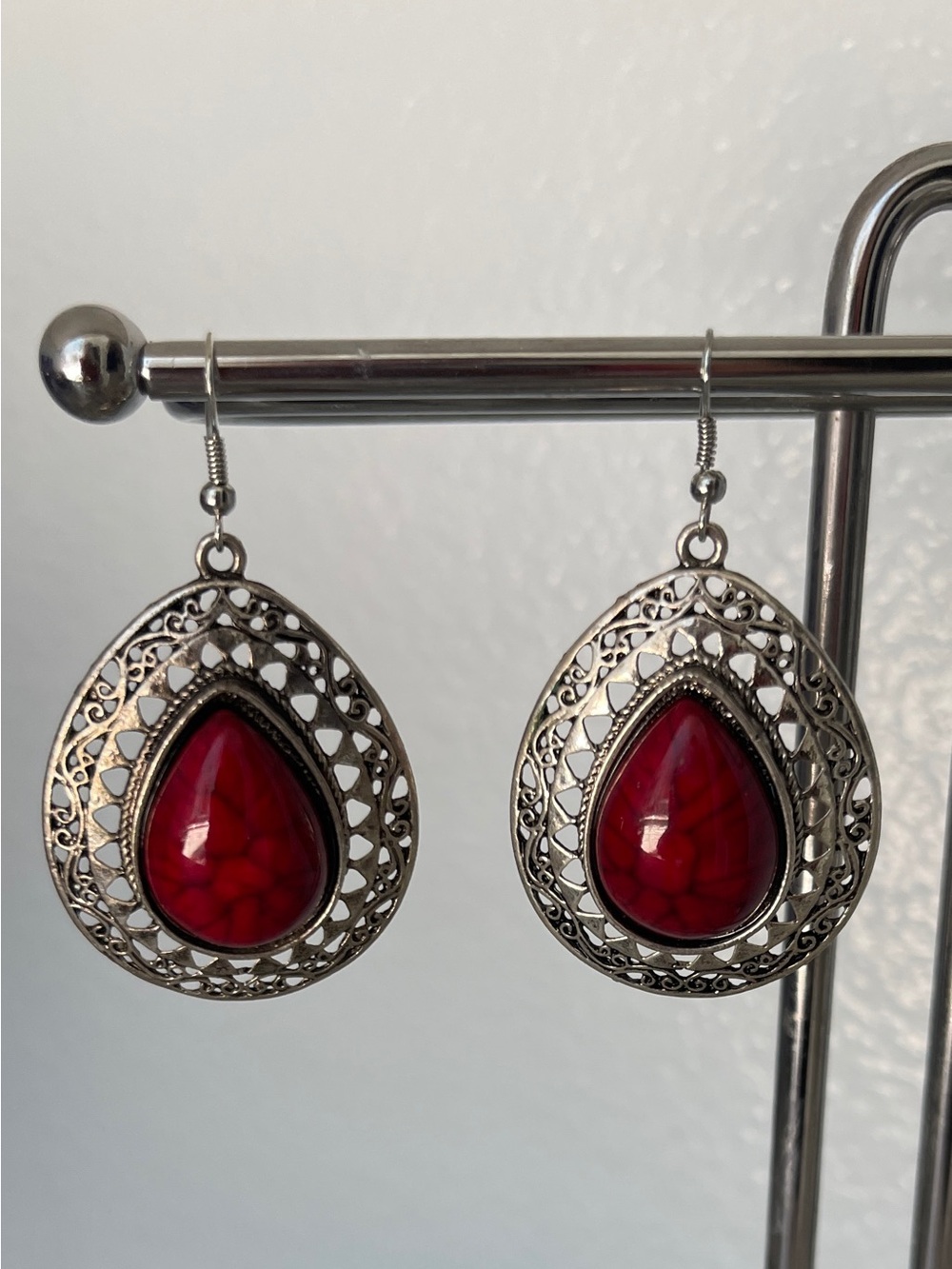 NWO Silver Filigree Teardrop Earrings with Red Stone